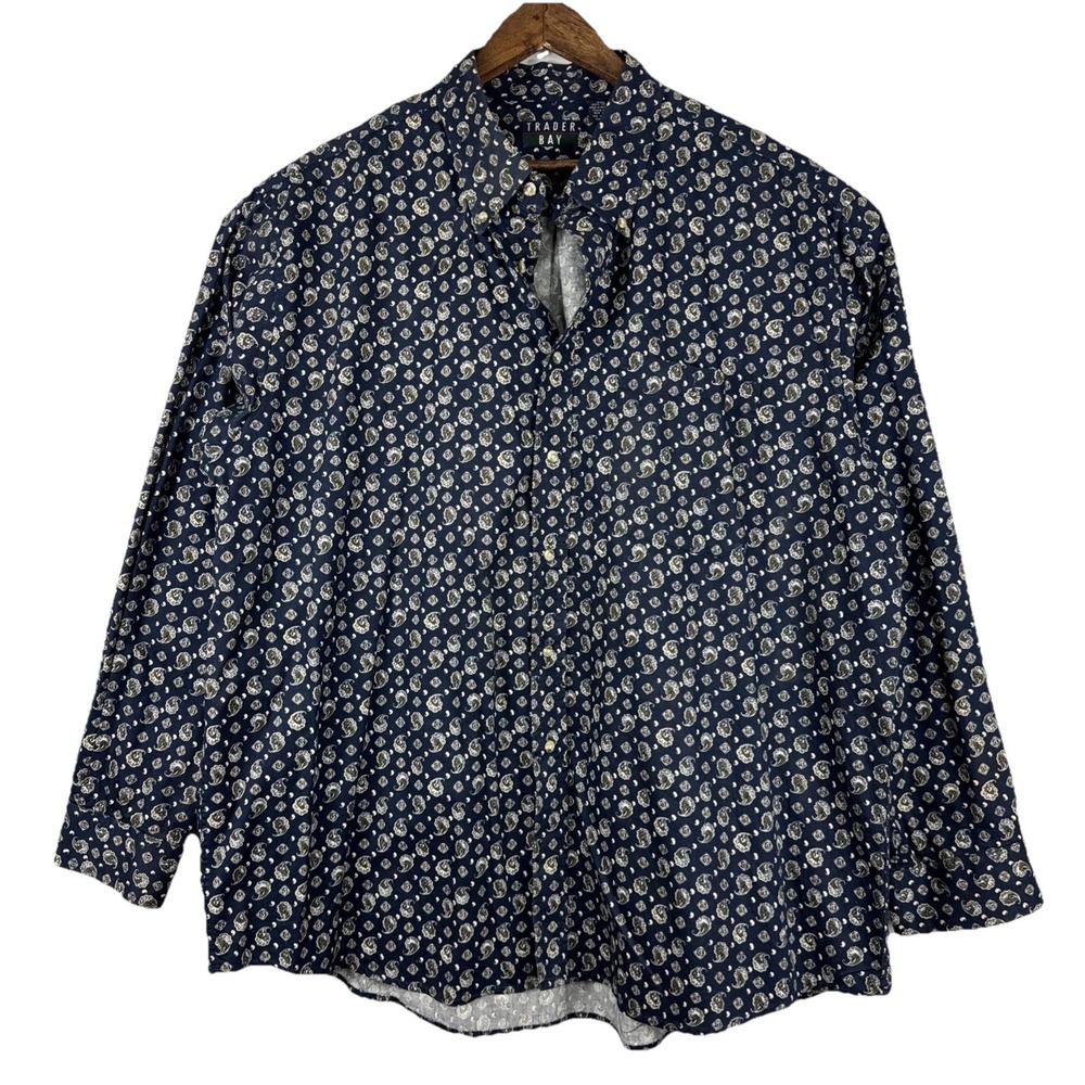 Vintage 90s Trader Bay Button Down Shirt Men 2XL Blue Paisley 100% CottonWestern